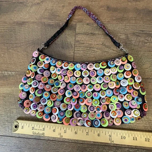 Funky Beaded Button Shoulder Bag Multi Color Boho Chic